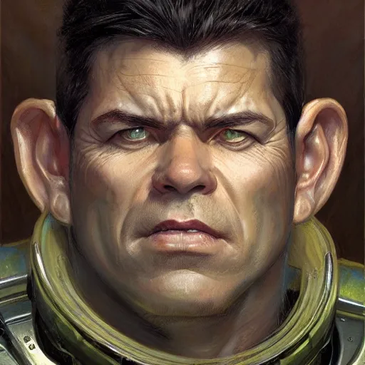 Image similar to the doomguy as a realistic d & d fantasy character, closeup portrait art by donato giancola and greg rutkowski, vintage retro, realistic face, digital art, trending on artstation, symmetry!!