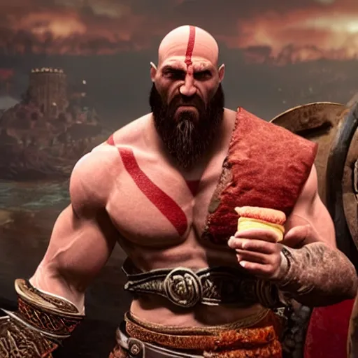 Prompt: kratos from god of war ordering a burger and a soda