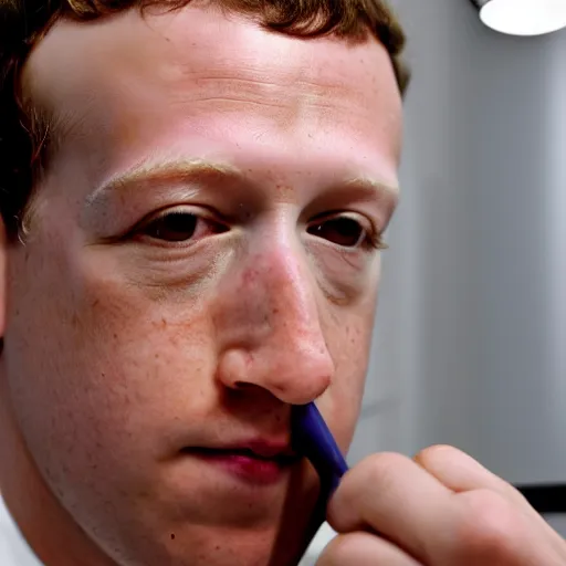 Prompt: 3 5 mm photograph of mark zuckerberg shaving off his eyebrows, close up, high definition