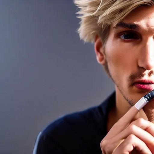 Image similar to a closeup photo of handsome gigachad xqc smoking