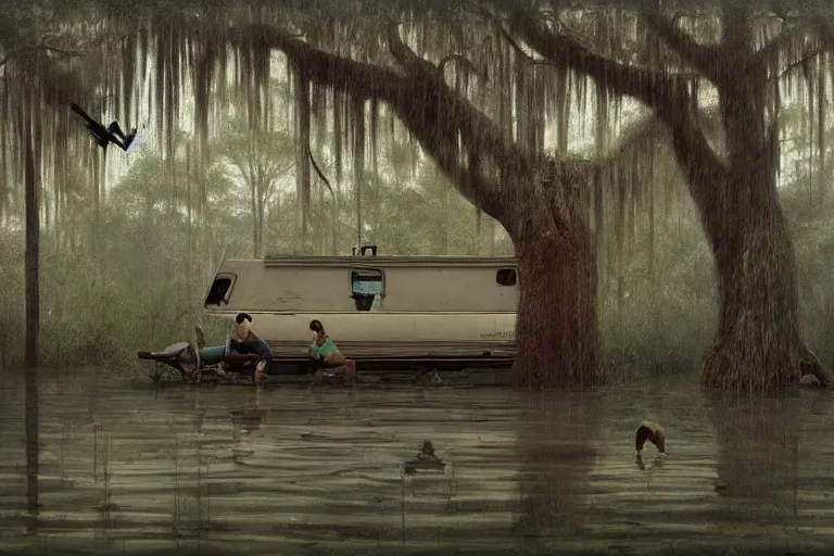 Prompt: scene from louisiana swamps, trailer in the woods, old couch, broken tv, parachute in a tree, voodoo artwork by tim eitel