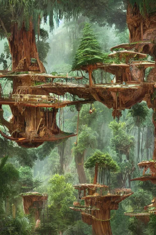 Image similar to various treehouses mounted on giant redwood tree trunks, interconnected by rope bridges, fantasy setting, dense vegetation, very detailed, d & d concept art, 4 k