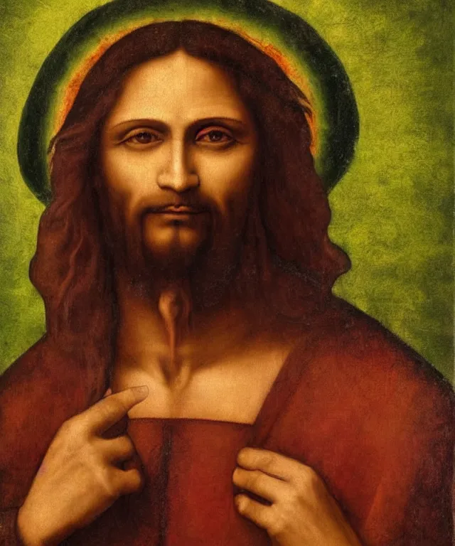 Image similar to portrait of mexican jesus, leonardo di vinci, painting, mexican colors