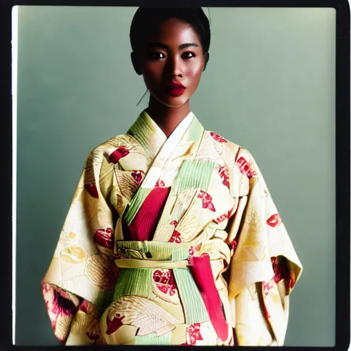 Prompt: beautiful african - asian model, wearing a kimono. zeiss 1 5 0 mm f 2. 8 hasselblad, 1 9 8 0 s polaroid