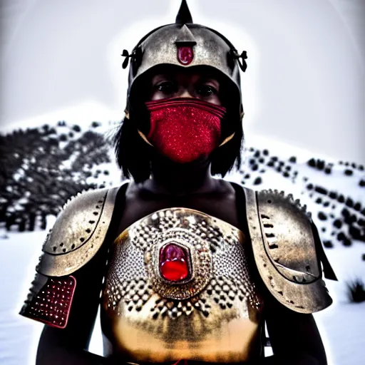 Prompt: photo of a real-life beautiful warrior with ruby encrusted armour