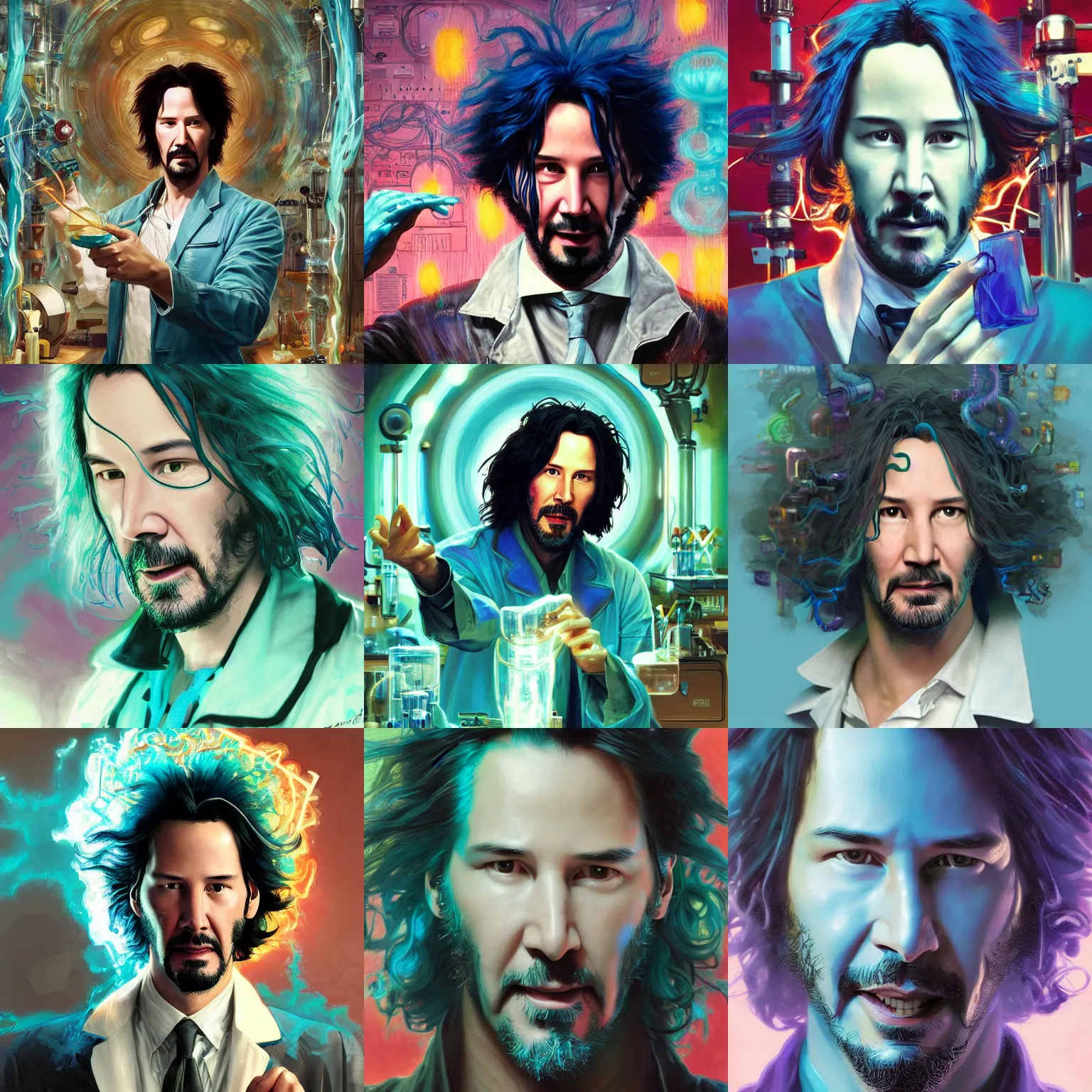 Prompt: photo of Keanu Reeves as a mad scientist with electric Afro turquoise hair playing with chamicals at his lab, highly detailed, digital painting, artstation, concept art, sharp focus, illustration, art by artgerm and greg rutkowski and alphonse mucha