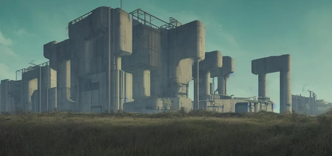 Image similar to futuristic abandoned brutalist power station, sci - fi, digital art by beeple and simon stalenhag