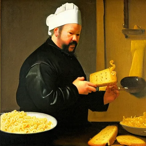 Image similar to a portrait of guy fieri making a greasy macaroni and cheese sandwich, by vermeer, portrait, royal, oil on canvas