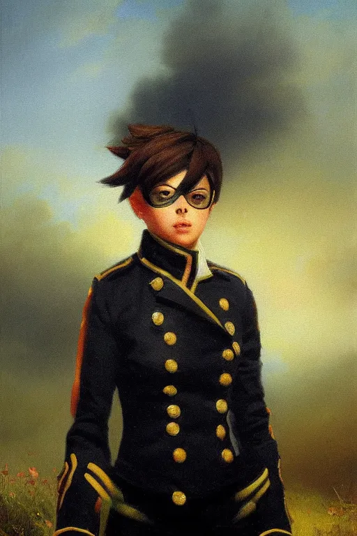 Prompt: oil painting of tracer overwatch in a field of grass wearing black uniform, in style of ivan aivazovsky, detailed eyes, full body