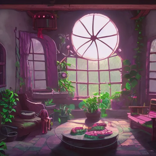 Image similar to concept art painting of a interior of a cozy alien fantasy cottage, circular windows, with black vines and magenta houseplants, realistic, detailed, cel shaded, dark, in the style of makoto shinkai and greg rutkowski and james gurney