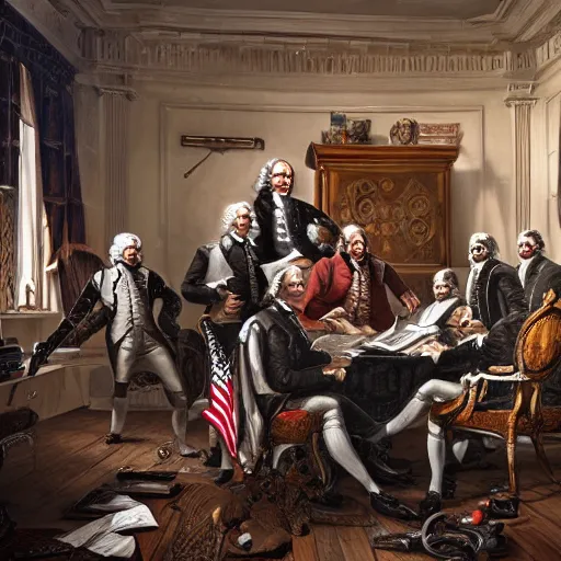 Prompt: founding fathers of america getting raided by swat, highly detailed painting, 4 k resolution photorealistic, high resolution, vray, hdr, hyper detailed, insane details, intricate, elite, ornate, elegant, luxury, dramatic lighting, octane render, weta digital, micro details, 3 d sculpture