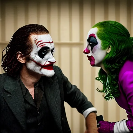 Prompt: ultra realistic stealth candid photograph from joaquin phoenix with lady gaga in new joker movie footage's, intricate details, photorealistic