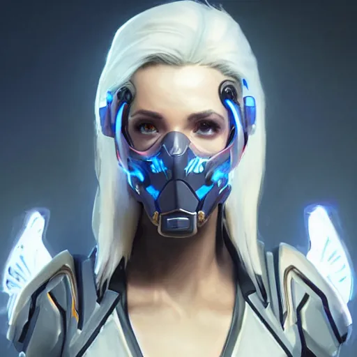 Image similar to mercy overwatch wearing cyberkinetic mask, 8 k resolution, highly detailed, intricate, very beautiful face, very detailed eyes, by greg rutkowski, wlop