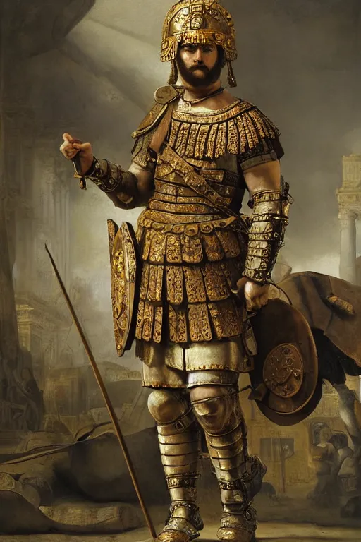 Prompt: roman legionnaire, painting, fine art, high contrast, divine, strong, rembrandt lighting, global illumination, insanely detailed and intricate, elegant, ornate, in neo - classical cityscape - n 4