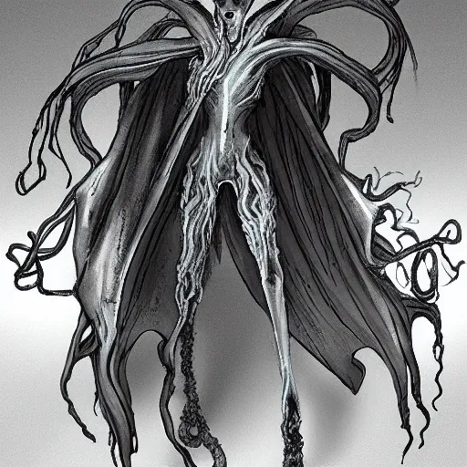 Image similar to concept designs for an ethereal ghostly wraith like figure with a squid like parasite latched onto its head and long tentacle arms that flow lazily but gracefully at its sides like a cloak while it floats around a frozen rocky tundra in the snow searching for lost souls and that hides amongst the shadows in the trees, this character has hydrokinesis and electrokinesis for the resident evil village video game franchise with inspiration from the franchise Bloodborne and the mind flayer from stranger things on netflix