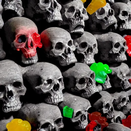 Image similar to photo of paris catacombs with walls of haribo gummy skulls