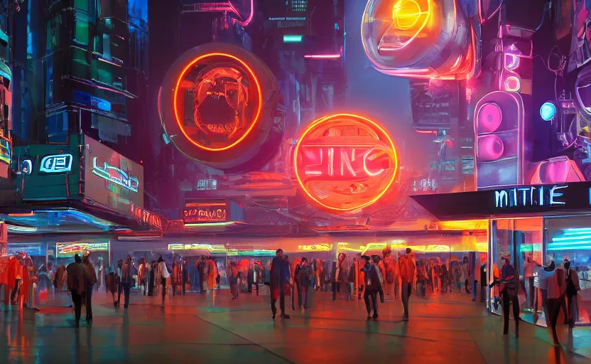 Image similar to futuristic neon signs in a scene of ( millions of people ) waking up, ( robot cyborgs ), futuristic oil painting by jeff koonz, ( ( led panel screens and projections ) ), ( ultra realistic ), dynamic lighting, octane render, ( ( vertical led lighting ) ), 3 5 mm lens, film grain