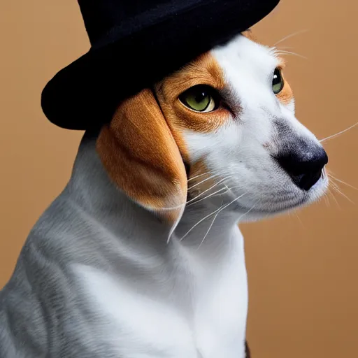 Image similar to beagle cat with a hat, black background, head shot, studio, 38mm