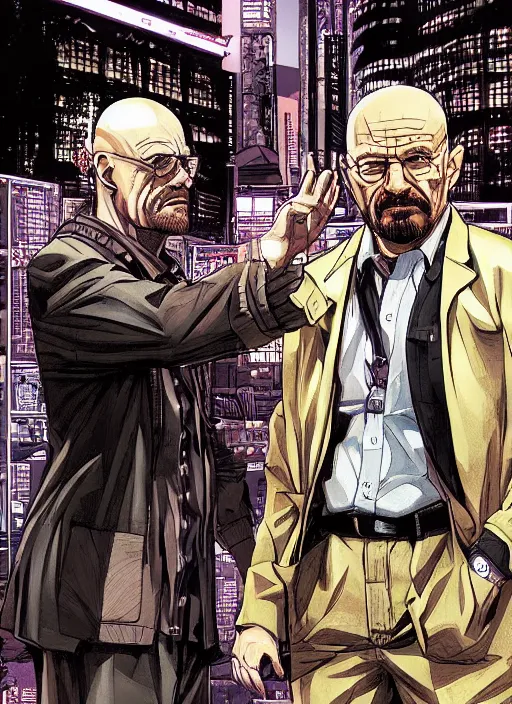 Image similar to manga cover, walter white and tony soprano shaking hands at the badabing, intricate cyberpunk city, emotional lighting, character illustration by tatsuki fujimoto