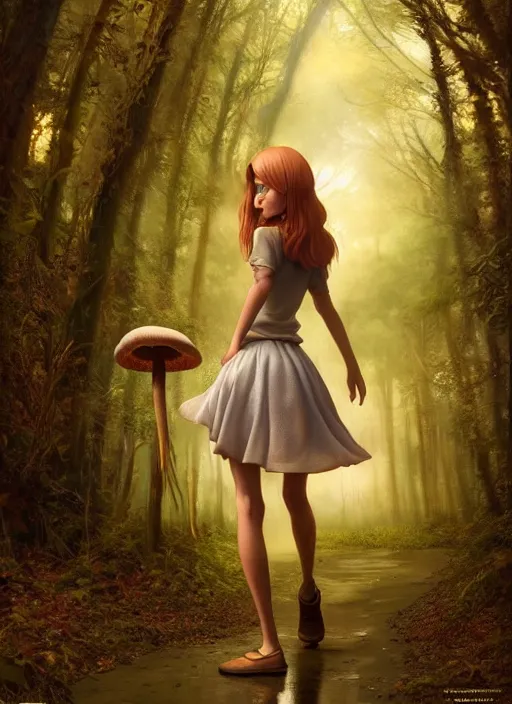 Prompt: young woman walking in short skirt : : magic forest mushrooms nature : : weta disney pixar movie still photo : : decadent highly - detailed digital painting, full length shot, golden ratio, octane render, artstation, smooth, sharp focus, artgerm, mucha, loish, wlop, gogo