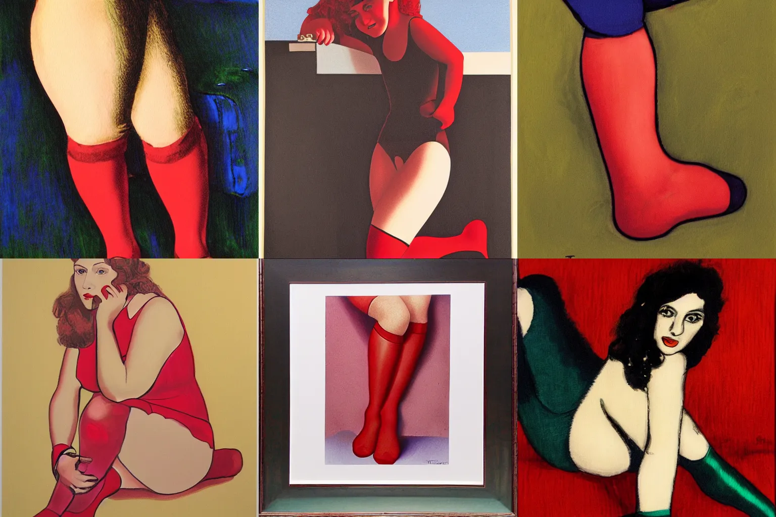 Prompt: bernadette with red stockings, lithograph by Tom Wessellmann