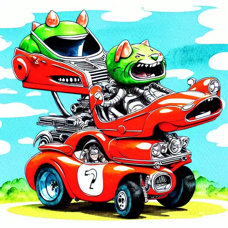 Image similar to cute and funny, jaguar wearing a helmet riding in a hot rod with oversized engine, ratfink style by ed roth, centered award winning watercolor pen illustration, isometric illustration by chihiro iwasaki, edited by range murata, tiny details by artgerm and watercolor girl, symmetrically isometrically centered, sharply focused