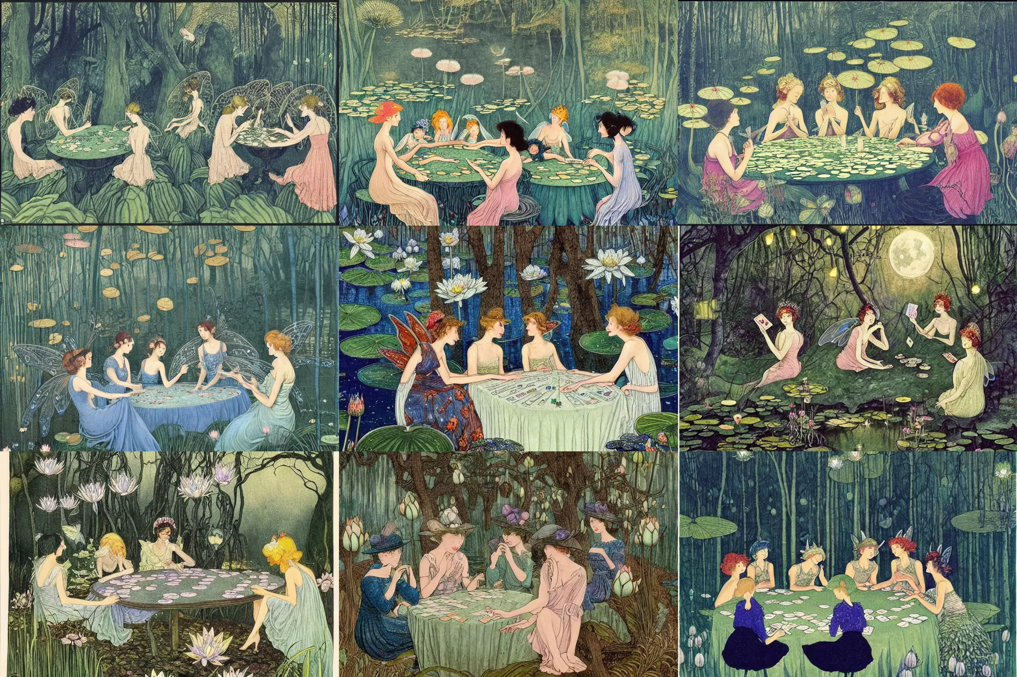 Prompt: a group of gracious winged fairies playing cards on a table in an atmospheric moonlit forest next to a beautiful pond filled with water lilies, artwork by ida rentoul outhwaite, realistic female faces, holding cards, blackjack