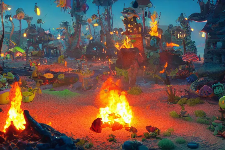Image similar to the most amazing dream you ever had about bikini bottom bonfire, hyper realistic, ambient lighting, concept art, intricate, hyper detailed, smooth, dynamic volumetric lighting, octane, cinematic