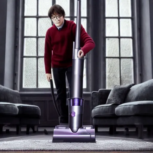 Image similar to Harry Potter riding a Dyson vacuum, 4k, detailed, ultra realistic, 4k