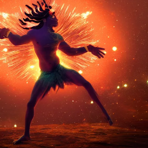 Image similar to Dreamt in 47.55s for !dream Epic wide angle portrait of Shiva generating the universe with his dance, digital painting, octane render