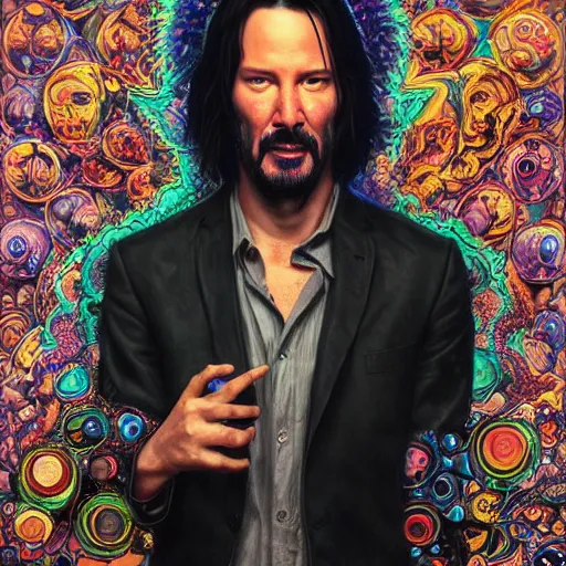 Image similar to portrait of keanu reeves, hyper detailed masterpiece, neon floral pattern, jean giraud, digital art painting, darkwave goth aesthetic, psychedelic, artgerm, donato giancola and tom bagshaw