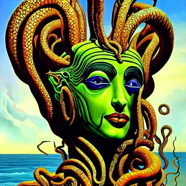 Image similar to a beautiful painting cthulhu mythos robot queen of egypt medusa face, by salvador dali realistic oil painting