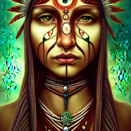 Image similar to : female native american shaman, fantasy magic, celtics, ireland, intricate, sharp focus, illustration, highly detailed, digital painting, concept art, matte, jahbu art ancient, cosmos, cosmic