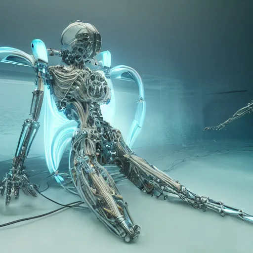 Image similar to biomechanical mecha white mermaid underwater, rays of light. Style of westworld, cables, lights, searchlight, weta digital, octane render, insane details, ultra realistic, beatifully lit, reflections