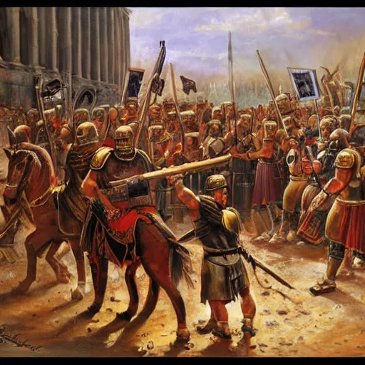 Prompt: Roman legions siege Berlin, oil painting, art, dramatic lights