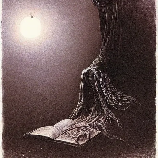 Image similar to ((black magic sorcerer with a book of spells)) by Beksinski, Luis Royo