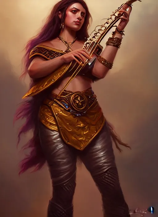 Image similar to a _ fantasy _ style _ portrait _ painting _ of islander female charismatic bard playing instrument, rpg dnd oil _ painting _ unreal _ 5 _ daz. _ rpg _ portrait _ extremely _ detailed _ artgerm _ greg _ rutkowski _ greg