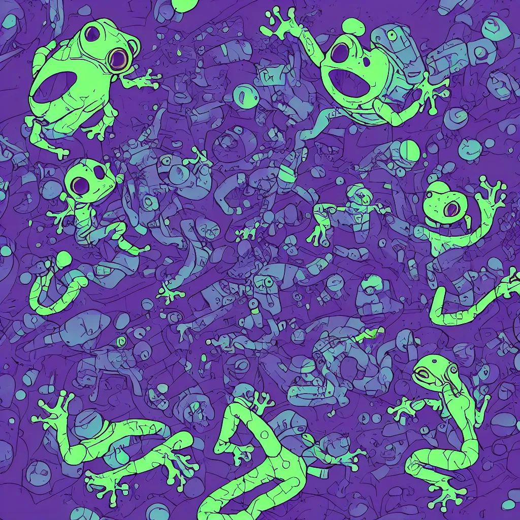 Image similar to indigo toads, frogs, ryuta ueda artwork, breakcore, jet set radio artwork, y 2 k, gloom, space, cel - shaded art style, indigo rainbow, data, minimal, code, cybernetic, dark, eerie, cyber