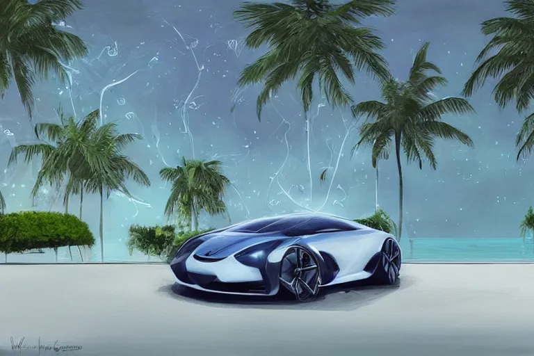 Prompt: modern chic luxurious sports car parked, with Singaporean lush garden with royal white luxurious gold colors, advanced civilization, high-end, at the Sea Of Stars of Vaadhoo Island Maldives, Bioluminescent sea plankton that shines bright blue during the night makes the sea area, glowing water, intricate, elegant, luxurious, digital painting, concept art, smooth, sharp focus, from Star Trek 2021, illustration, by WLOP and Ruan Jia and Mandy Jurgens and William-Adolphe Bouguereau, Artgerm