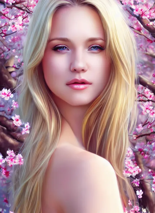 Image similar to photo of a gorgeous blonde female in the style of stefan kostic, realistic, half body shot, sharp focus, 8 k high definition, insanely detailed, intricate, elegant, art by stanley lau and artgerm, extreme blur cherry blossoms background