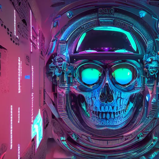 Image similar to astronaut skull head, cosmic horror, abstract, ghostly, arcade, duotone, poltergeist, epic lighting, intricate, elegant, highly detailed, smooth, sharp focus, unreal engine 5, raytracing, in the style of beeple and mike winkelmann, ultraviolet colors,