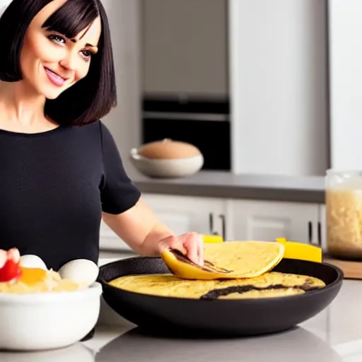 Image similar to image of a beautiful woman with dark hair and bob haircut cooking omelette in the modern kitchen. dynamic lighting.