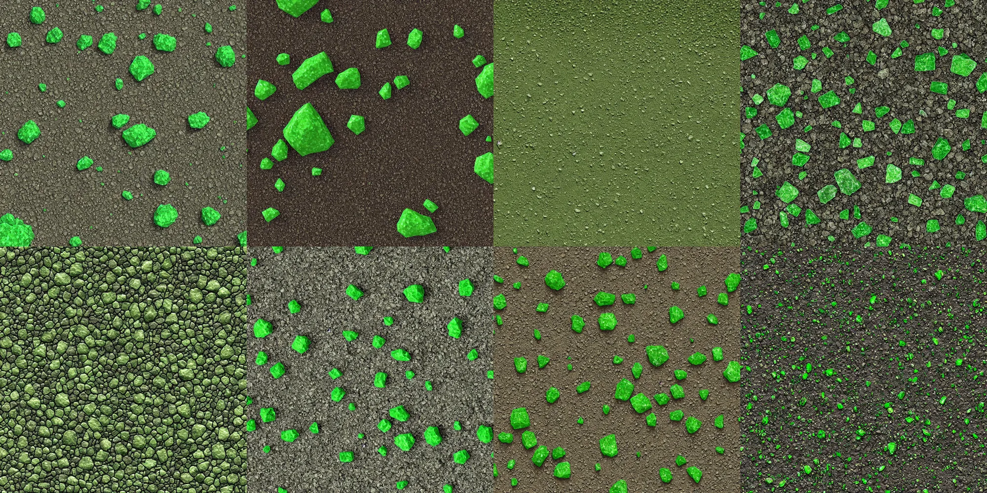 Prompt: large green crystals sticking out of the flat dirt, simple ground terrain albedo texture, flat, 2 d texture, seamless