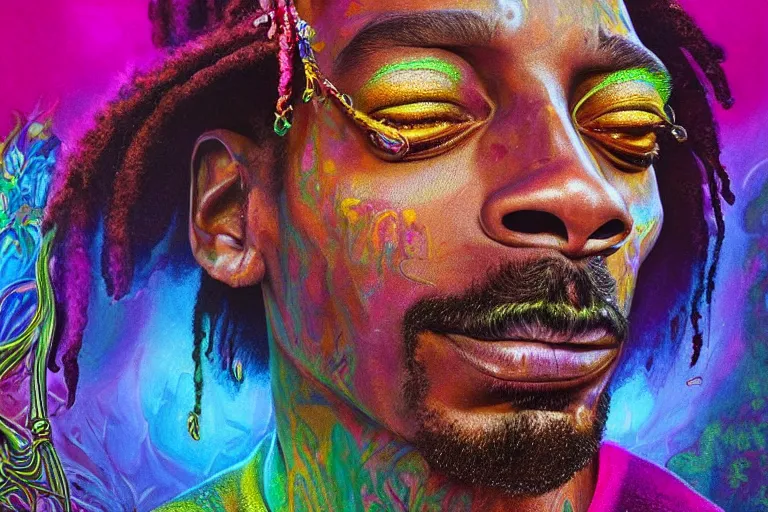 Prompt: An extremely psychedelic experience, colorful, surreal, dramatic lighting, snoop dogg smoking a (blunt), LSD, face, detailed, intricate, elegant, highly detailed, digital painting, artstation, concept art, smooth, sharp focus, hyper detailed golden ratio illustration, rich deep colors. masterpiec, Beksinski paintin, art by Sam Spratt, San Mumford, Artem Demura and Alphonse Mucha