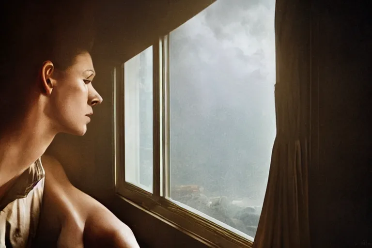 Image similar to a cinematic painting of homelander looking through a steamed up penthouse window, beautiful lighting, high depth, ultra realistic, artistic, by annie leibovitz