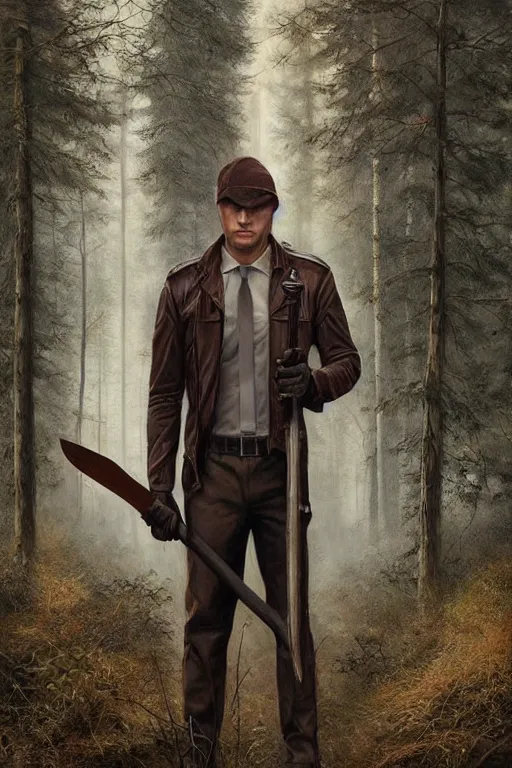 Image similar to a hitman named cobalt wearing a brown leather jacket and wielding a hatchet in the woods. art by tomasz alen kopera.