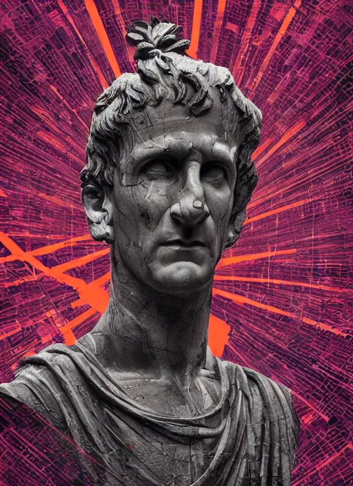 Image similar to design poster showing a statue of julius caesar, black background with very subtle red and purple text and design elements, powerful, nekro, graphic design, collage art, thin lines, dark, glitch art, neo vaporwave, gritty, layout frame, square, trending on artstation