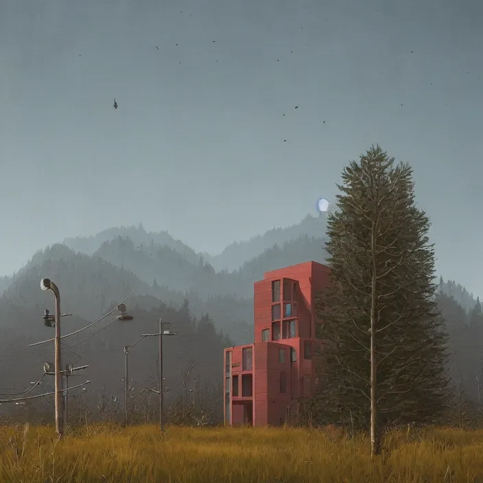 Image similar to a building in a landscape, by simon stalenhag