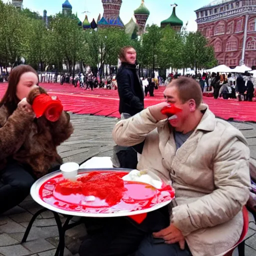 Image similar to Funny Dragon eating russian borsch soup on the Red Square,