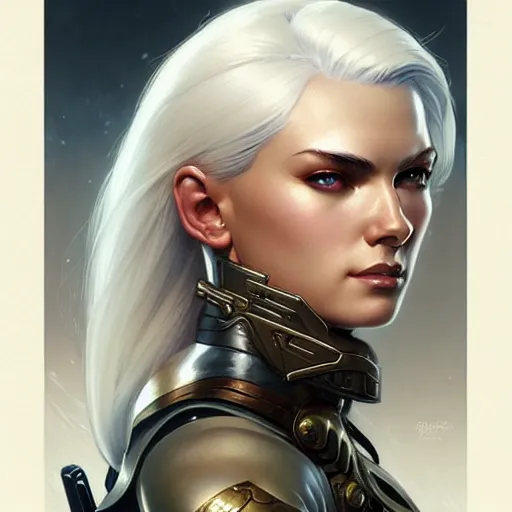 Prompt: female hot soldier with white hair, muscular upper body, D&D, fantasy, intricate, elegant, highly detailed, digital painting, artstation, concept art, smooth, sharp focus, illustration, art by artgerm and greg rutkowski and alphonse mucha
